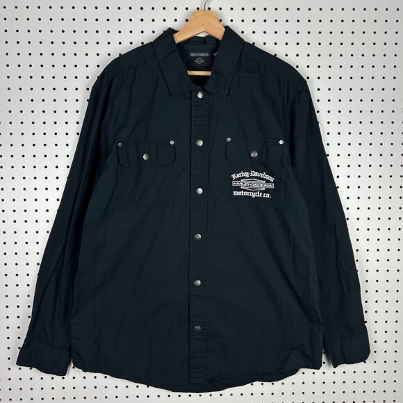 Harley Davidson XL Black Chore Shirt Long Sleeve‎ Motorcycle Biker Button Snap - Picture 2 of 8